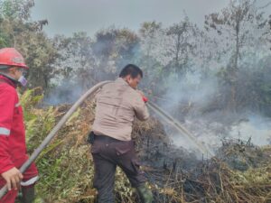 Team Karhutla Polsek Tambang Siap Siaga Padamkan Api Si Desa Rimbo Panjang